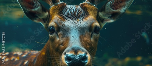 A close-up view of a deers face inside an aquarium, showcasing its features and expressions in captivity. photo