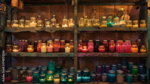 A cozy corner of the boutique filled with shelves of different sized mason jars each holding a different colored and scented candle. The soft lighting and warm colors create
