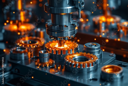 CNC machine operates on metal parts with sparks flying, showcasing precision metalworking in a modern manufacturing facility. High-precision milling cutter shapes components, a shower of sparks