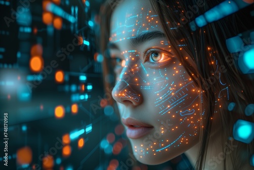 Curious female examines digital panels, a tapestry of glowing circuits casting reflections, symbolizing the era of data. Absorbed in tech ambiance, a young thinker contemplates screens of flowing data photo