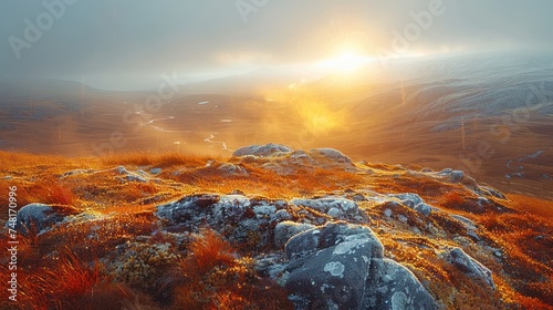 the sun shines brightly through the foggy sky over a grassy area with rocks and grass in the foreground.