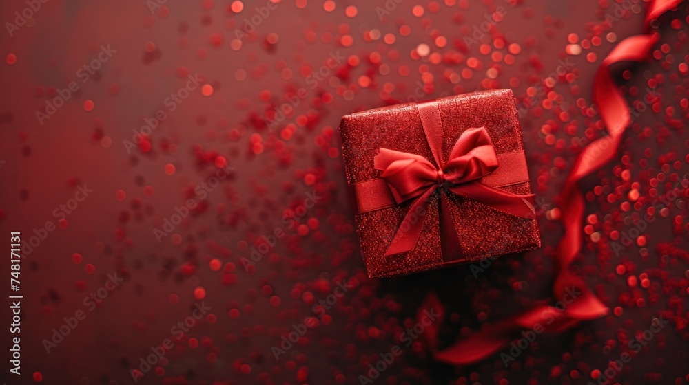 a red gift box with a red bow on a red background with a streamer of red confetti. a red gift box with a red bow on a red background with a streamer of red confetti.