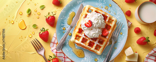 A plate of waffles with butter and maple syrup. Fresh strawberries and whipped cream on the side. A fork and a knife on a napkin. A cup of milk and a strawberry on a yellow background Top view space t