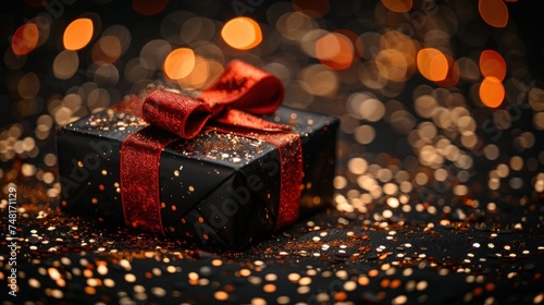 a black gift box with a red bow on a black background with gold confetti and a boke of lights. photo