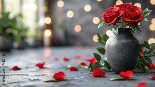 a vase filled with red roses sitting on top of a table next to a bunch of red roses on the ground. photo