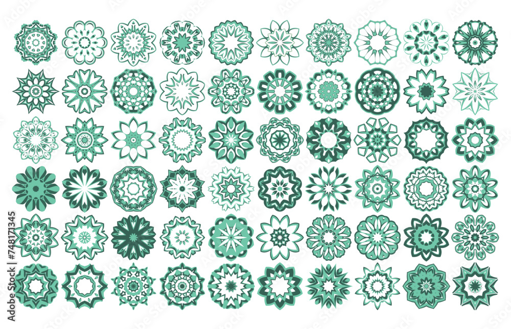 Collection of 60 floral geometric patterns mandala green concept isolated on white.