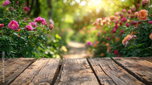a wooden table sitting in front of a lush green forest filled with pink and red flowers on top of a lush green forest filled with pink and red flowers.