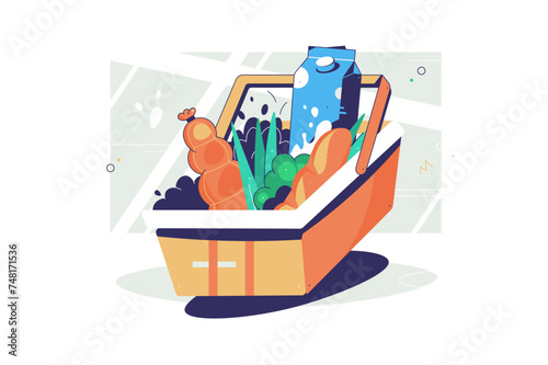 Grocery basket vector illustration, full of healthy groceries products shopping basket flat cartoon style, food and drinks in supermarket basket concept. Food shopping, eating, grocery, cooking