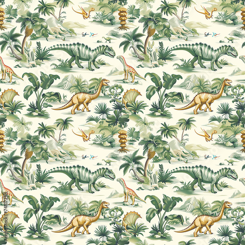 A seamless pattern showcasing various dinosaurs in a jungle setting © yganko