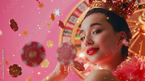 Pretty lady winning at the casino, collaged on a creative background with a flying chip token, a roulette wheel, and a golden crown. © Suleyman