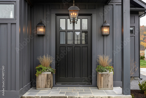 A front door detail of a black modern farmhouse with a black front door, light fixtures, and a stone covered porch. photo