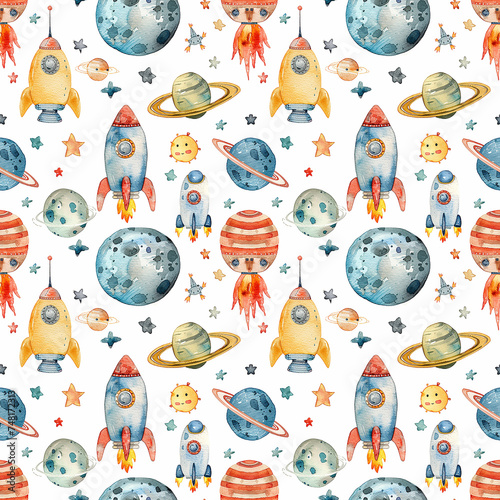 A seamless watercolor illustration featuring planets, rockets, and friendly aliens in a starry galaxy