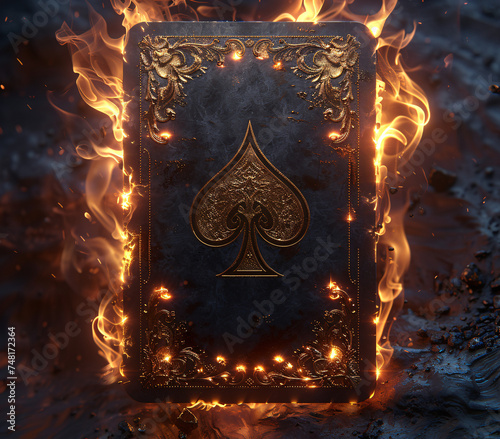 A burning ace of spades card, glowing edges, amidst dark backdrop photo