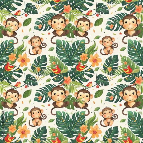 A seamless pattern with playful monkeys  exotic birds  and tropical leaves