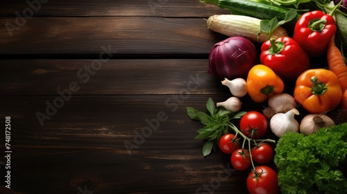 Assorted vegetables on wooden background with space for text