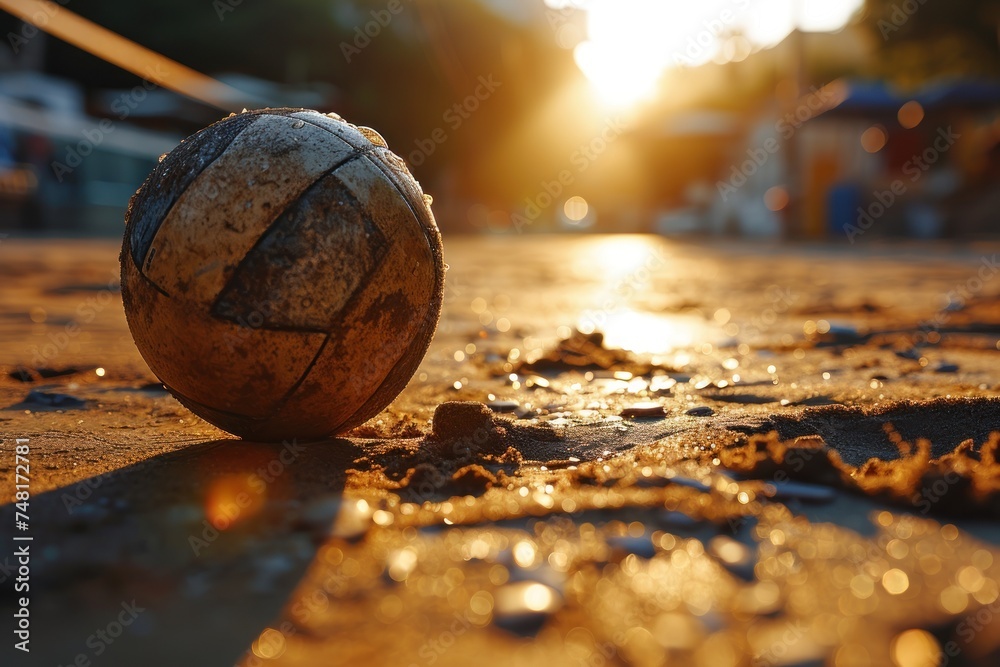 Old volleyball ball on the court at sunset. Close up view. Vacation Concept. Sport Concept with Copy Space. Beach Volleyball.