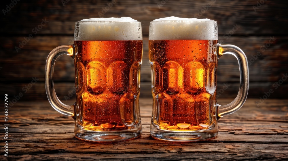 two mugs of beer sitting next to each other on top of a wooden table in front of a wooden wall. two mugs of beer sitting next to each other on top of a wooden table in front of a wooden wall.