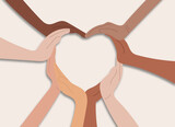 Inspire inclusion concept with diverse women hands making heart gesture for International Women's day. IWD 2024 composition ideal for print, card, sticker. Vector illustration