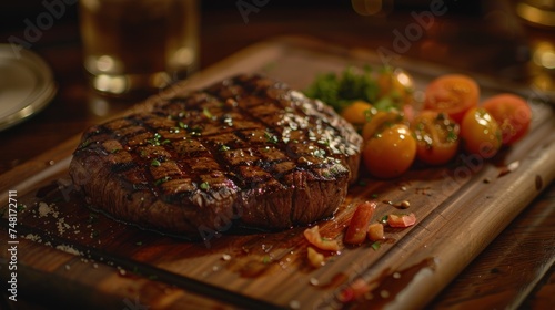a steak on a wooden cutting board with tomatoes and broccoli on a table next to a glass of water. photo