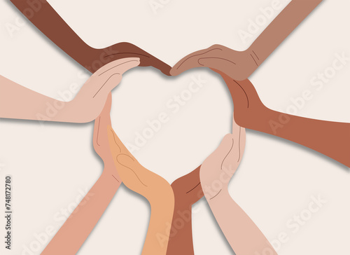 Inspire inclusion concept with diverse women hands making heart gesture for International Women's day. IWD 2024 composition ideal for print, card, sticker. Vector illustration
