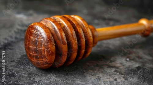 a close up of a wooden judge's gaven on a gray surface with a wooden stick sticking out of it.