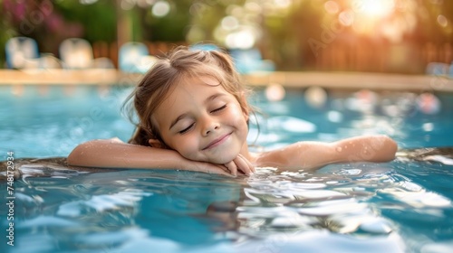 a little girl in a swimming pool with her eyes closed and her head resting on her hands on the side of the pool.