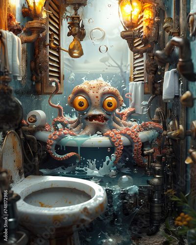 A giant octopus emerges from a toilet, its eyes wide and tentacles sprawling.