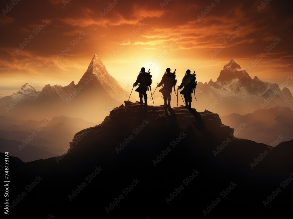 Mount Everest and silhouette of men, hiker on mountains with Climbing sport.