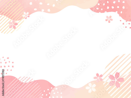 春の水彩風 桜の舞う 曲線 抽象的 手描きフレーム 　ピンク