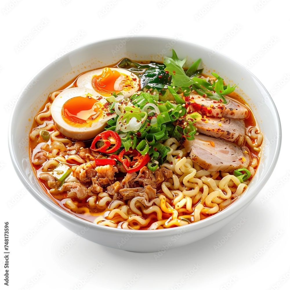 Spicy Chicken Ramen with Half Boiled Egg and Fresh Scallions in a Porcelain Bowl