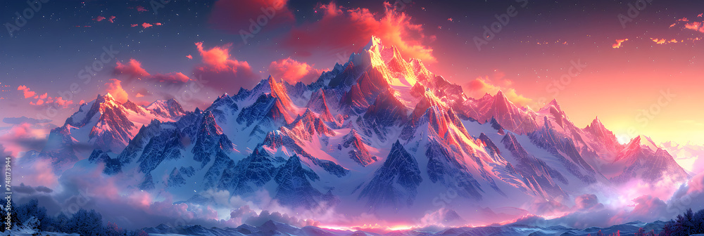 3d wallpaper Snow-capped mountain peaks glowing at dawn,
A cloudy sky over a mountain range at sunset





