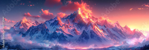3d wallpaper Snow-capped mountain peaks glowing at dawn, A cloudy sky over a mountain range at sunset
