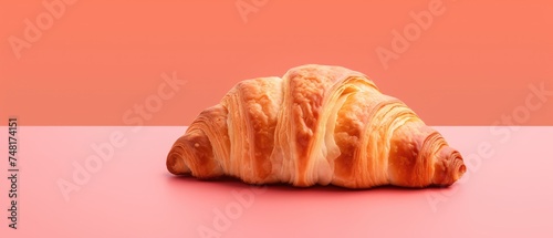 Baked croissant on white plate on a pink background with space for text