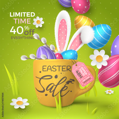 Easter festive sale banner with fur bunny ears, 3D eggs, willow in a cup and coloured realistic eggs, camomiles falling in the green background. Cartoon holiday flyer for limited time discount offers.