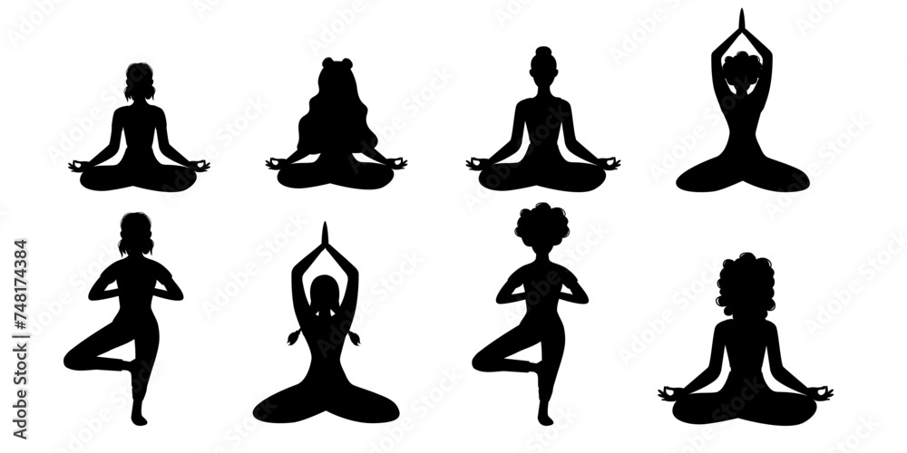Set silhouette of woman sitting in yoga pose Set silhouette of woman sitting in yoga pose