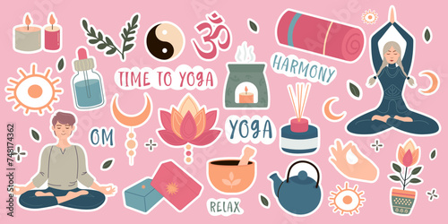 Set of time yoga stickers in flat style
