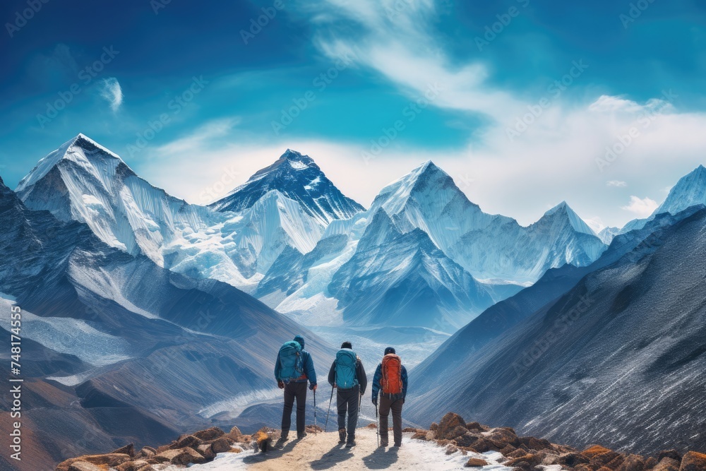 Mount Everest of men, hiker on mountains with Climbing sport.