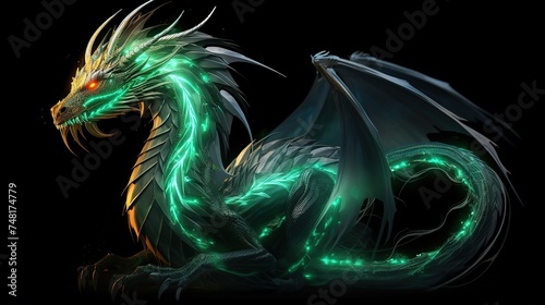 Green fantastic dragon on a dark background Generative AI © MstRoksana