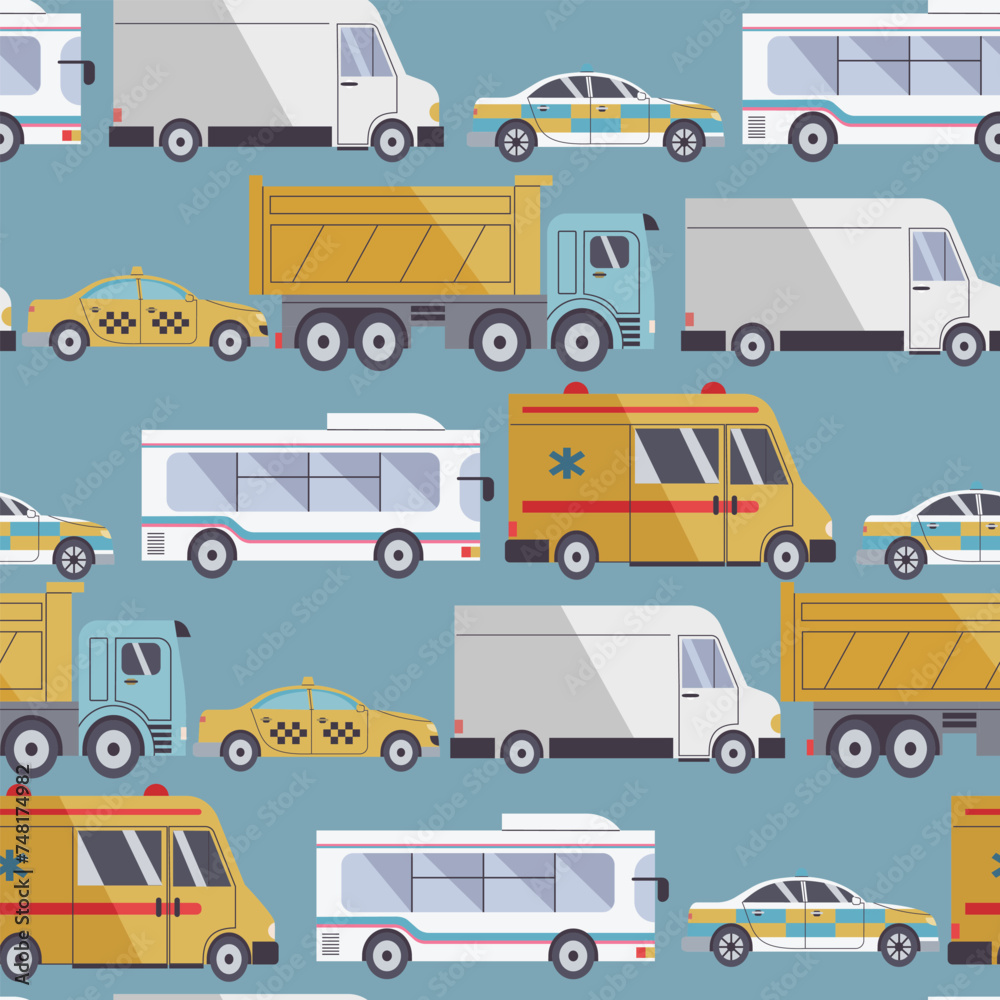 Seamless pattern with city transport, lorries, ambulance, delivery, taxi, buses. Hand drawn vector illustration in flat design