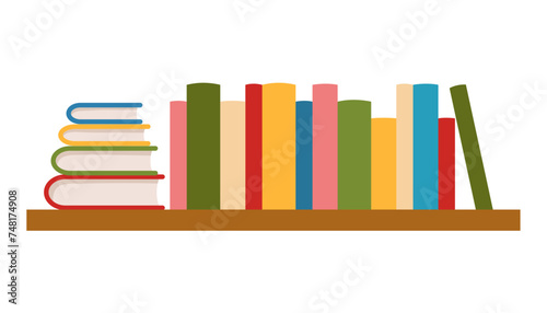Bookshelf with books and book pile isolated vector cartoon flat illustration. Colorful books in various sizes set.