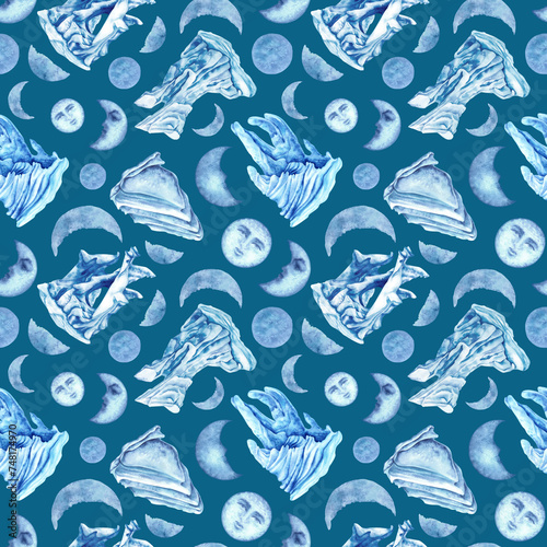 Watercolor seamless patterns with blue icebergs and magic moons for template, clipart for winter holidays, Earth Day, Marine and Ocean life, for scrapbook, stickers, cards, borders, frames