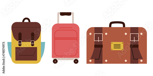 Set with three different luggage bags, hand drawn vector illustration in flat design