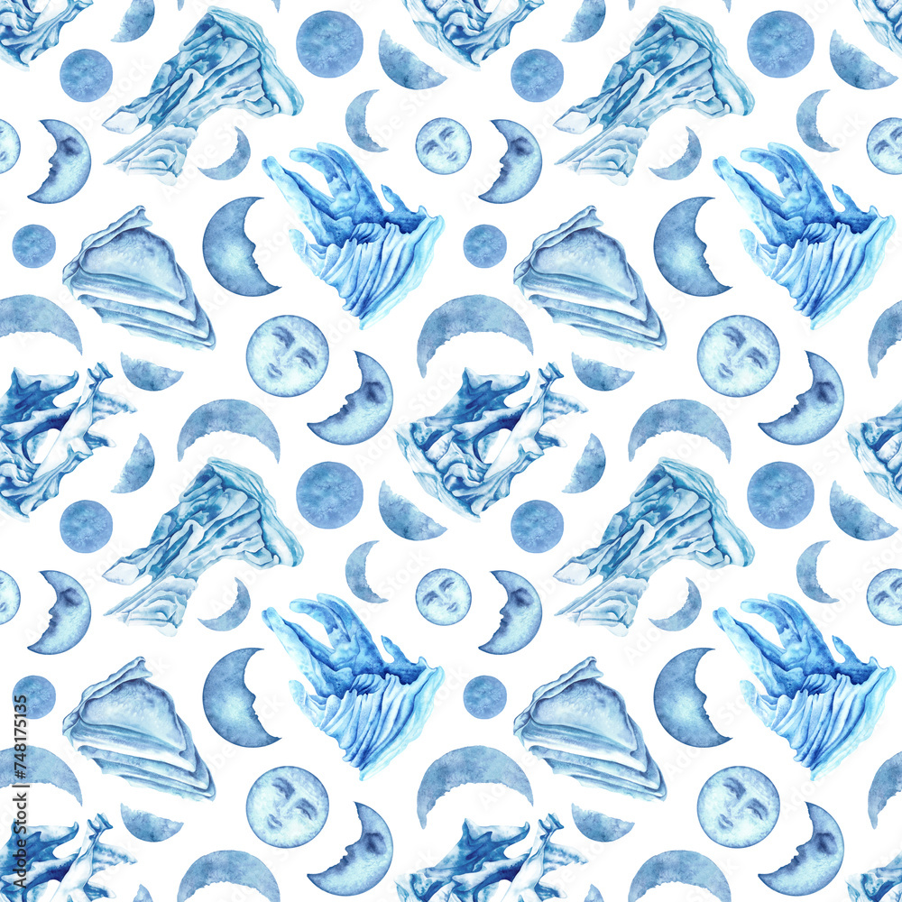 Watercolor seamless patterns with blue icebergs and magic moons for template, clipart for winter holidays, Earth Day, Marine and Ocean life, for scrapbook, stickers, cards, borders, frames Watercolor seamless patterns with blue icebergs and magic moons for template, clipart for winter holidays, Earth Day, Marine and Ocean life, for scrapbook, stickers, cards, borders, frames
