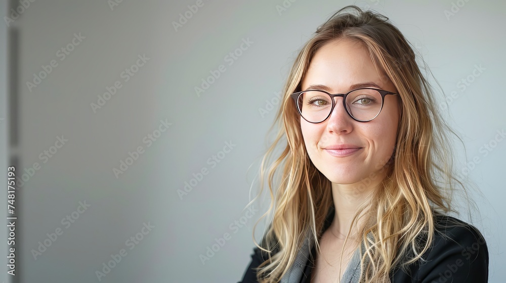 Chic and stylish student lady with glasses on. Caucasian girl student at a university grinning broadly and facing the camera. Chic and stylish student lady with glasses on. Caucasian girl student at a university grinning broadly and facing the camera.