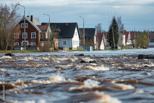 A flooded street with houses partially submerged a depiction of natural disaster and environmental challenge.