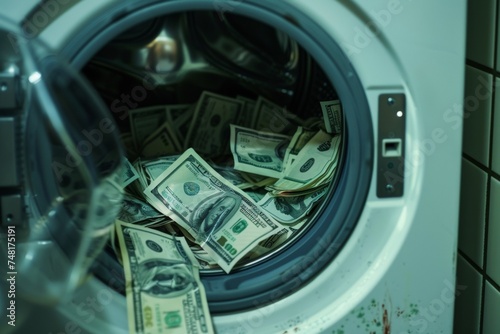 A washing machine filled with US dollar bills, visually representing money laundering. © Sandris
