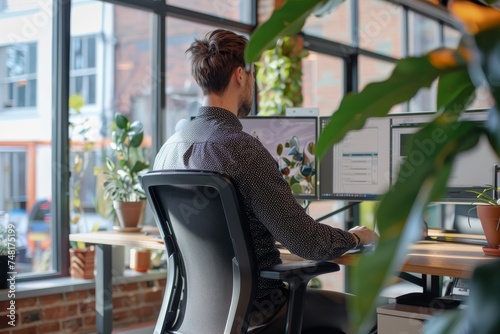 A professional working attentively at a computer desk surrounded by plants in a well-lit office with an urban view.