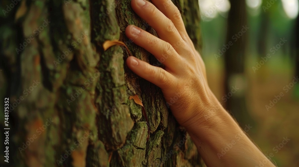 A closeup shot of a hand gently resting on the trunk of a tree highlighting the delicate yet unbreakable bond between humans and the Earth.
