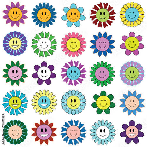 Groovy flower cartoon characters set with eyes and smile. Retro trippy style Hippie flowers, cute vintage style, retro flowers with faces, emojis, smiles. Set of vector illustrations.