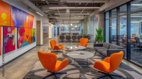Background A creative and collaborative workspace complete with colorful art pieces and modern furniture.